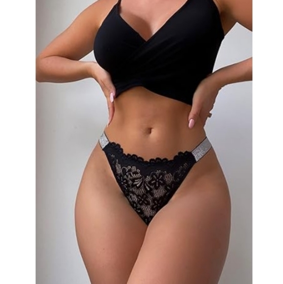 SEXY Glitter Lace Low Rise Thongs Underwear Panty Solid Black Panties - Picture 2 of 6